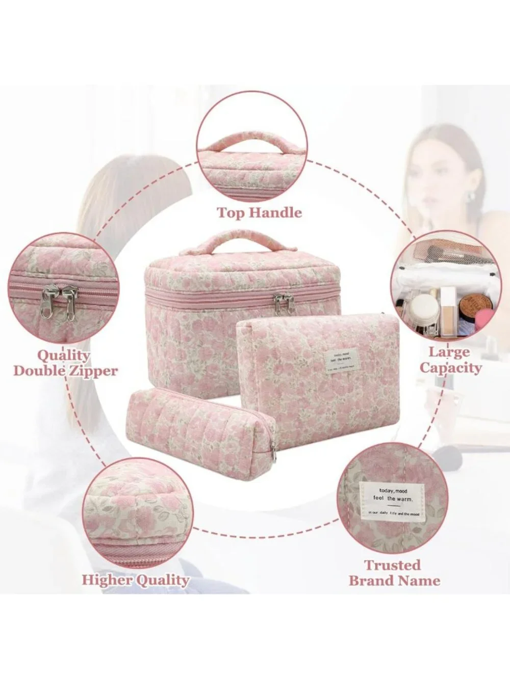 Floral Makeup Bag Set - 3pc Quilted Cosmetic Organizer, Cute Travel Toiletry
